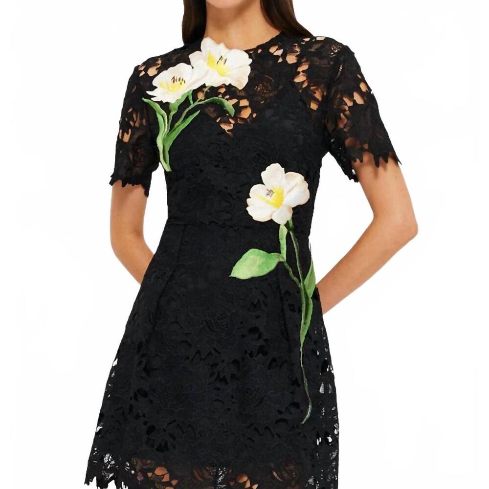 NEW LEO LIN margot embroidered lace mini dress in ebony